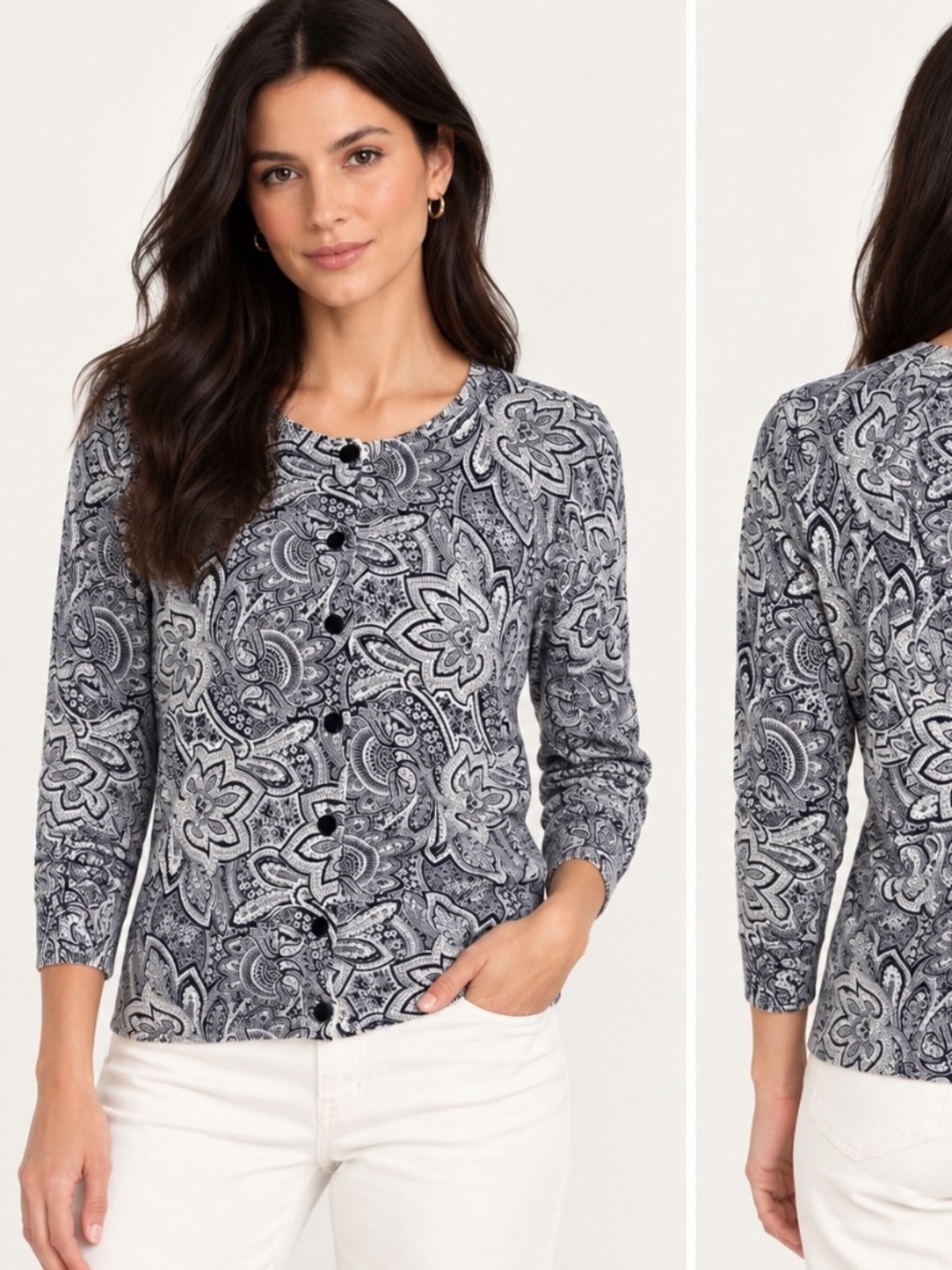 Paisley Floral Button Front Cardigan Sweater Navy White Petite P Talbots